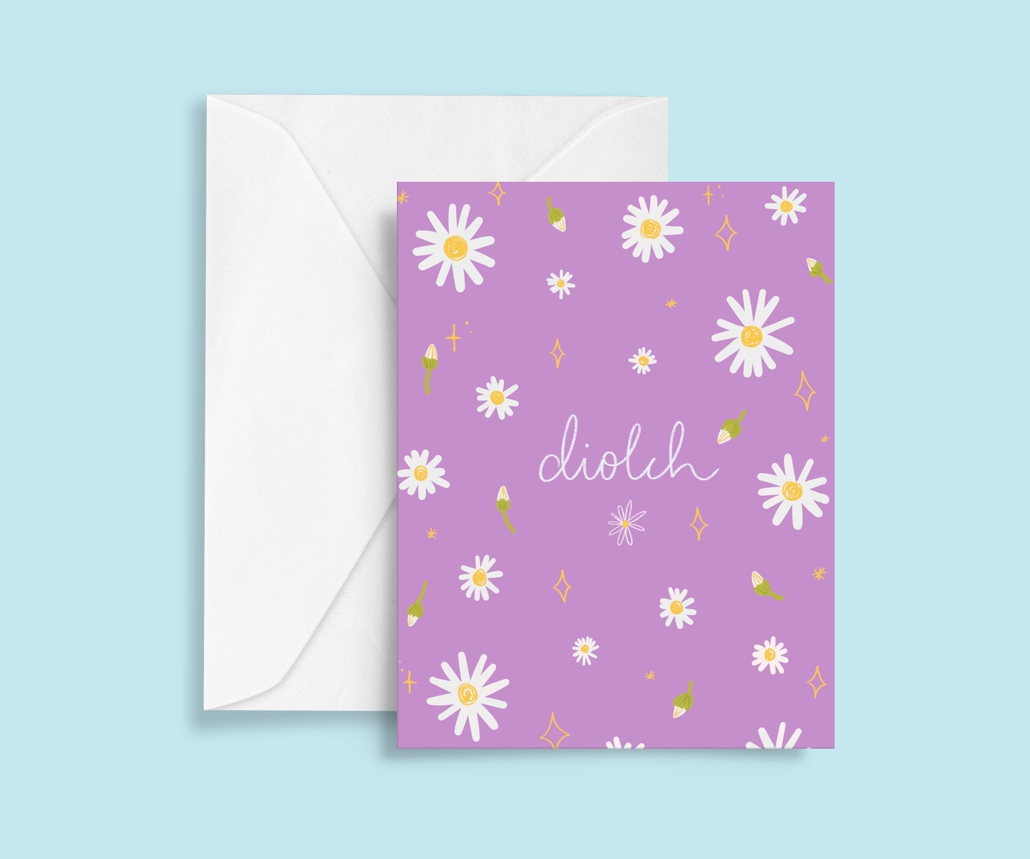 Welsh ‘Diolch’ thank you card with a floral daisy design, handwritten text, and delicate stars
