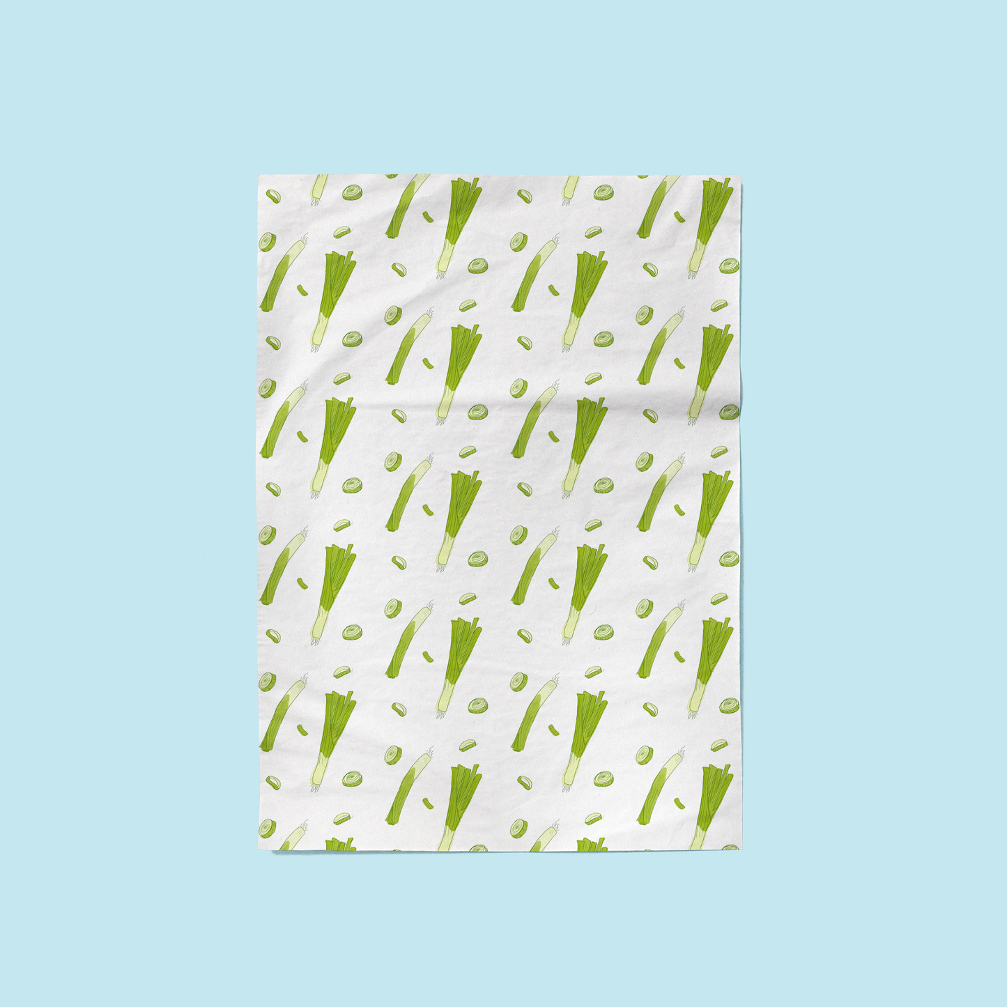 Hand-drawn leek pattern printed on fair trade cotton kitchen towels.