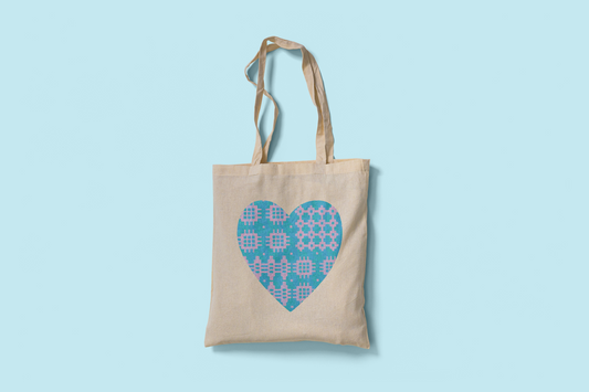 Fair trade cotton tote bag with blue and lilac Welsh blanket heart design printed on both sides. Ethically made and eco-friendly