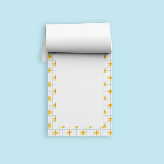 A6 notepad with a cute daffodils and blue grid. 50 pages, thick paper, eco-friendly