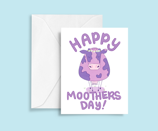 A clear, front-facing shot of the card displaying the purple cow, daisy chain, and “Happy Moothersday” text. Showcasing the recycled kraft envelope and eco-friendly packaging.