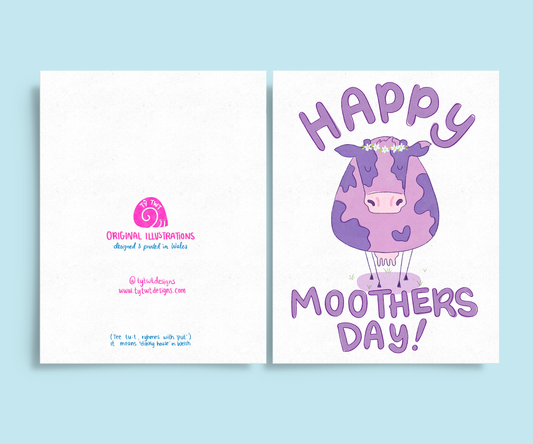 A hand-drawn Mother’s Day card featuring a purple cow wearing a daisy chain, with 'Happy Moothersday' text in playful purple handwriting. Comes with a recycled kraft envelope. Back of card with Ty Twt Designs details. Instagram @tytwtdesigns
Website www.ytwtdesigns.com