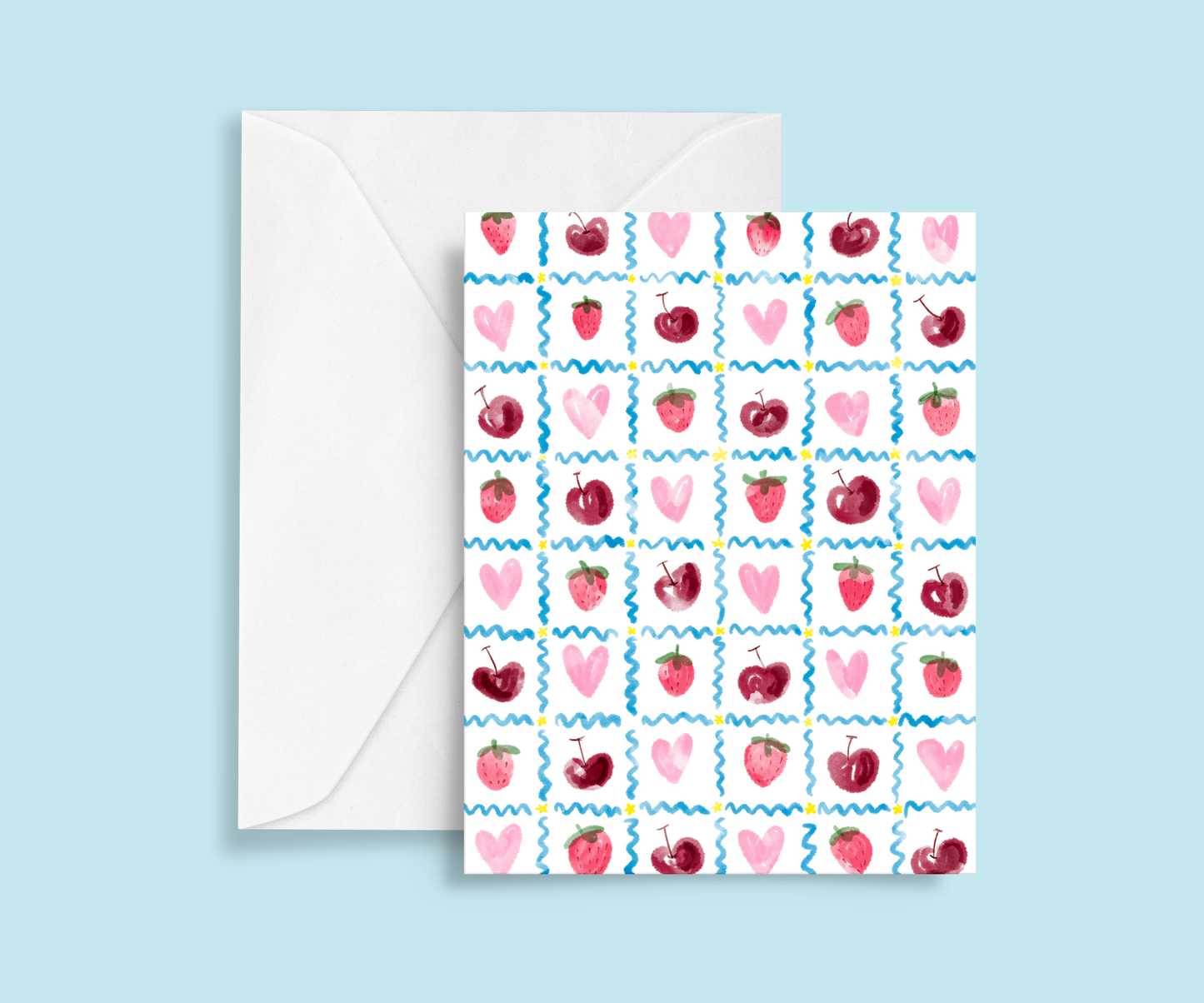 Featuring a hand illustrated grid of strawberries, cherries, hearts, squiggles, and stars.
