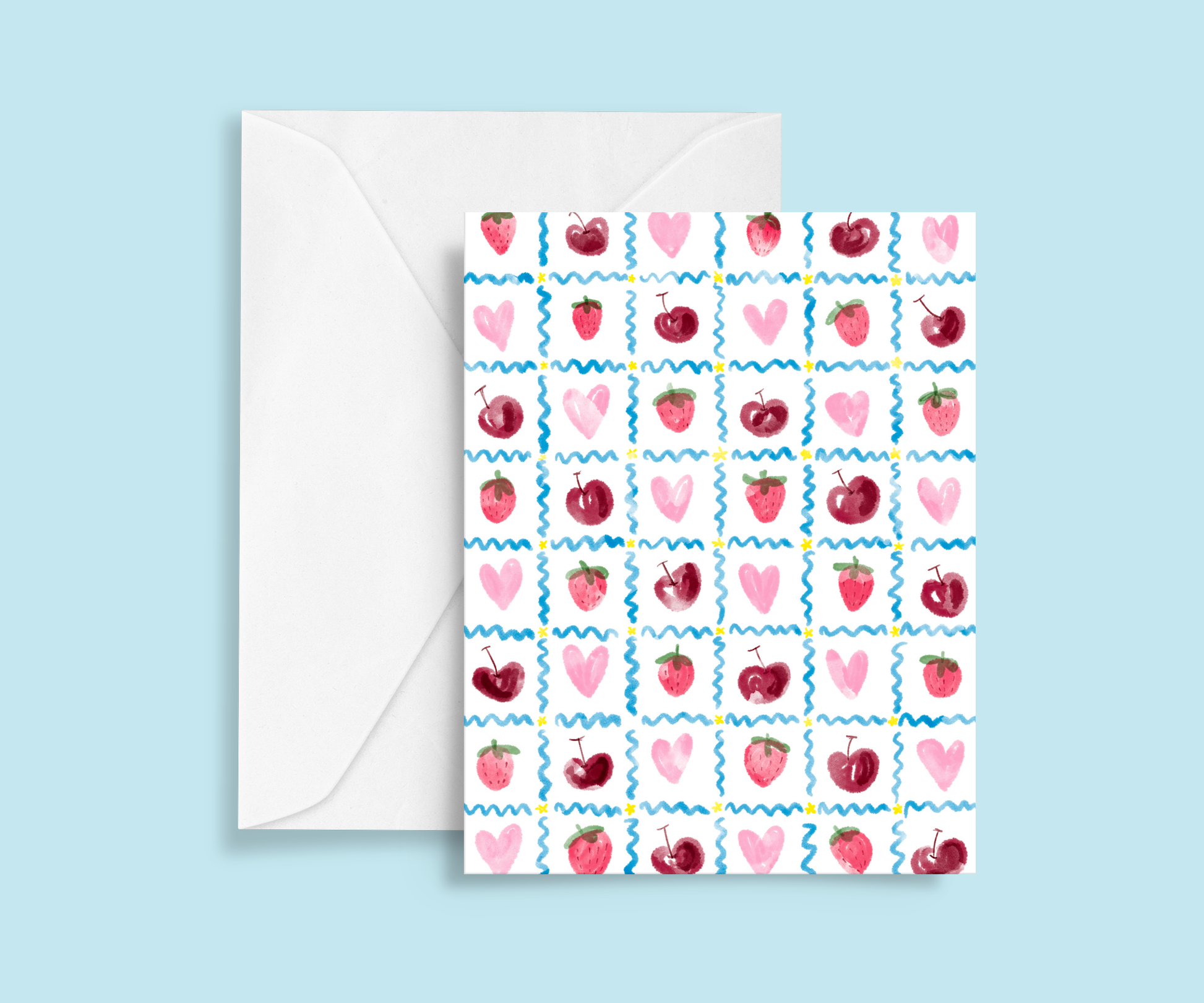 Featuring a hand illustrated grid of strawberries, cherries, hearts, squiggles, and stars.