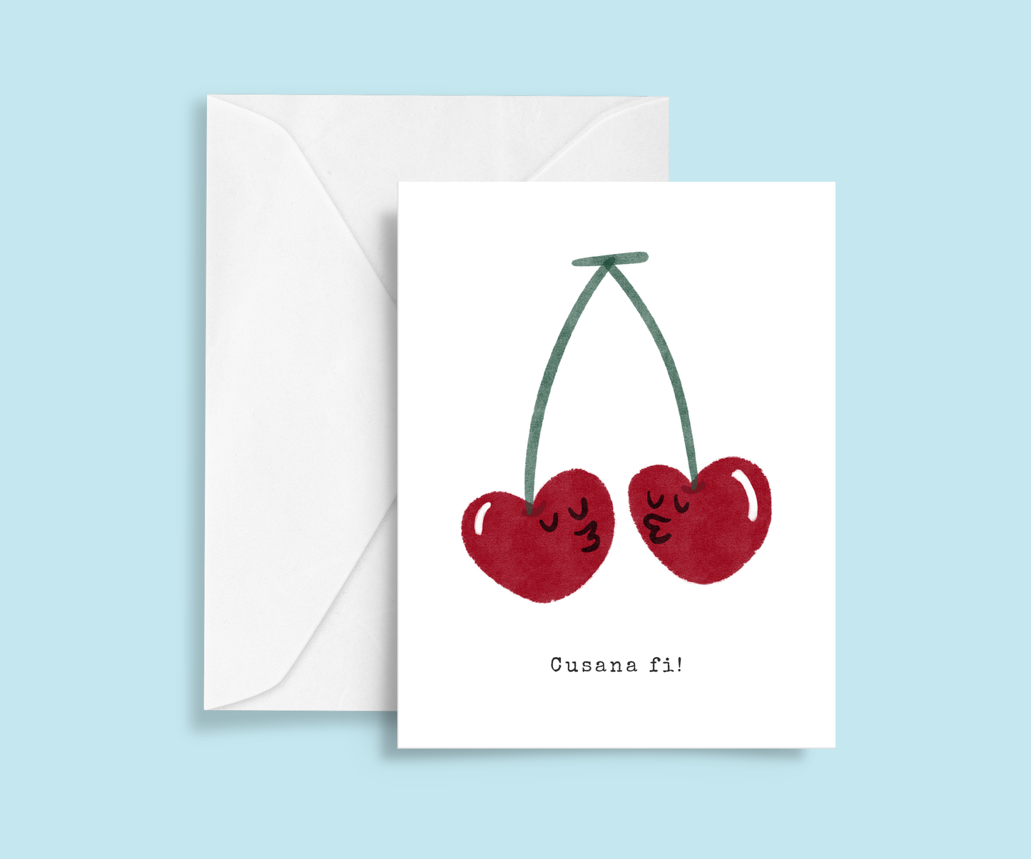 Romantic greeting card. Hand drawn print two cherries with faces kissing. Typewriter text below reads Cusana fi, Welsh for Kiss me
