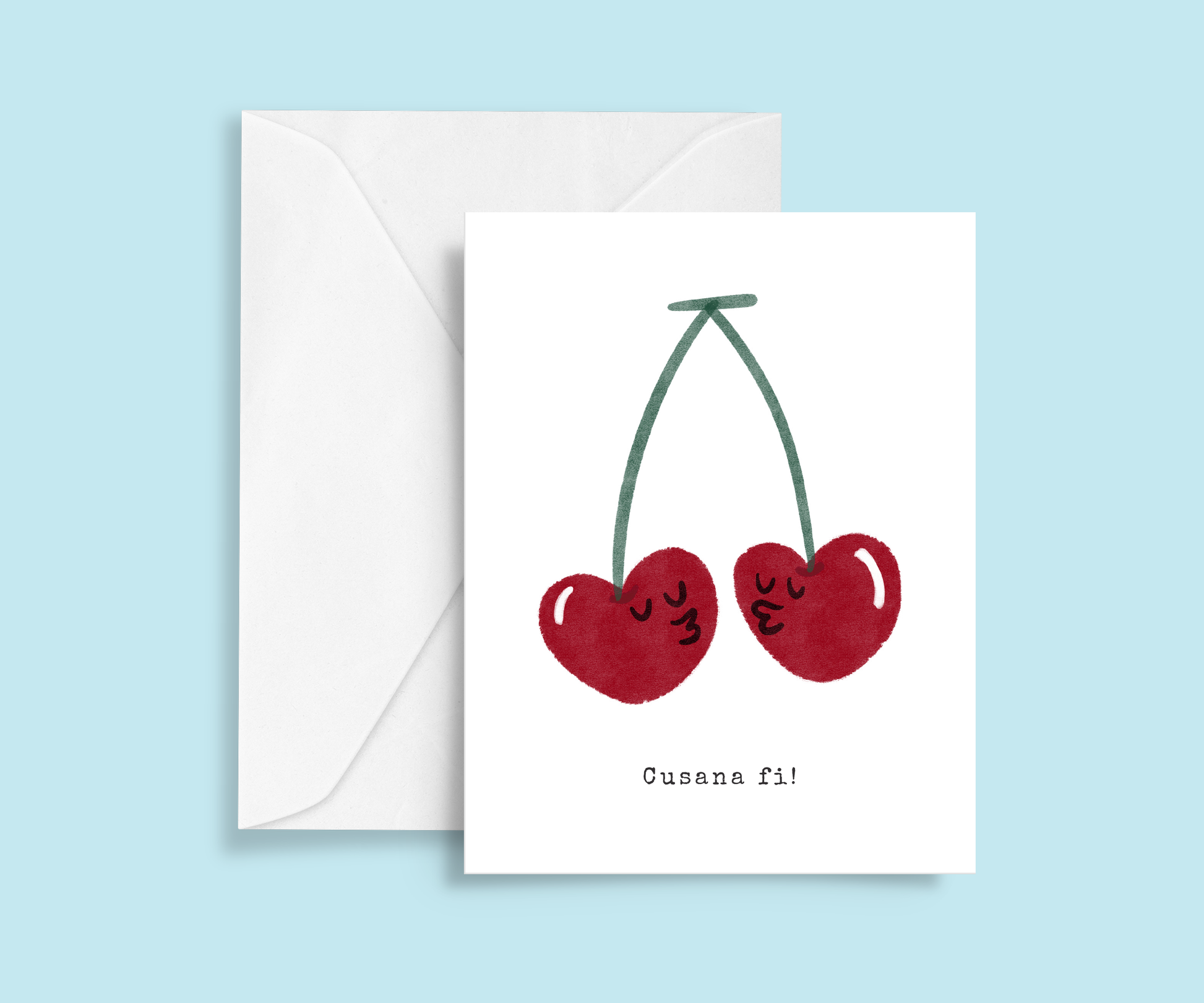 Romantic greeting card. Hand drawn print two cherries with faces kissing. Typewriter text below reads Cusana fi, Welsh for Kiss me
