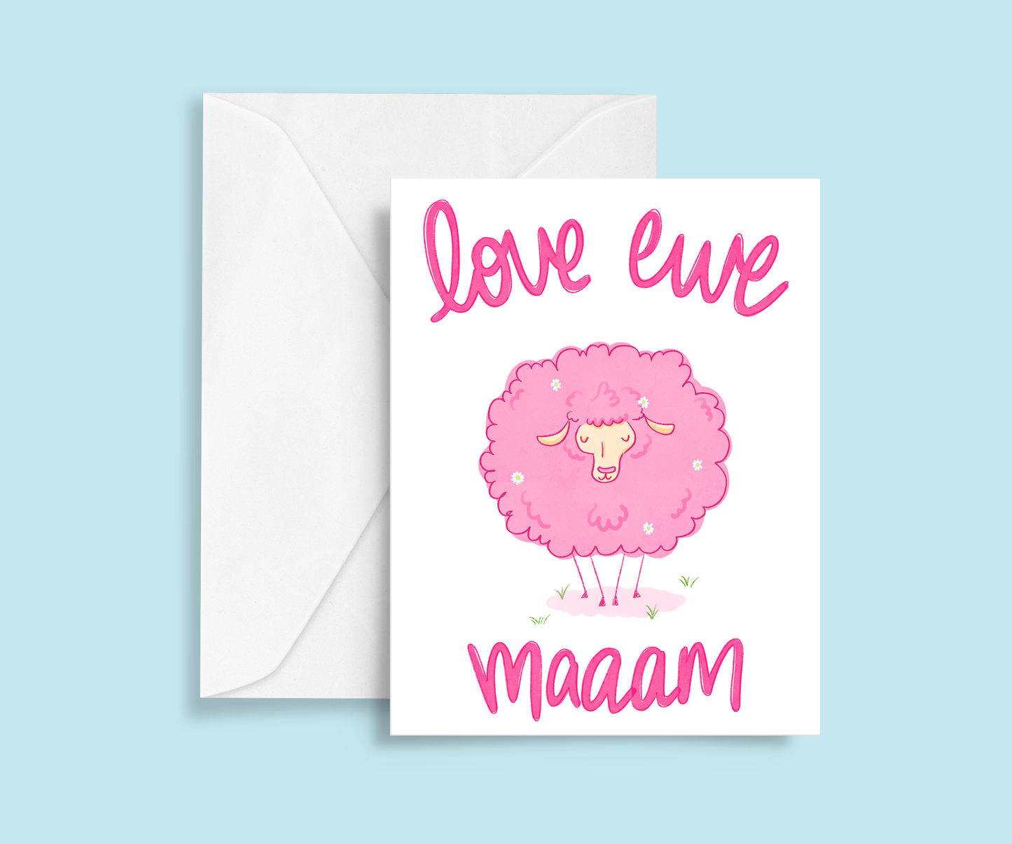 Hand-drawn Mother’s Day card featuring a pink sheep covered in daisies with “Love Ewe Maaam” in playful pink lettering. Comes with a recycled kraft envelope.