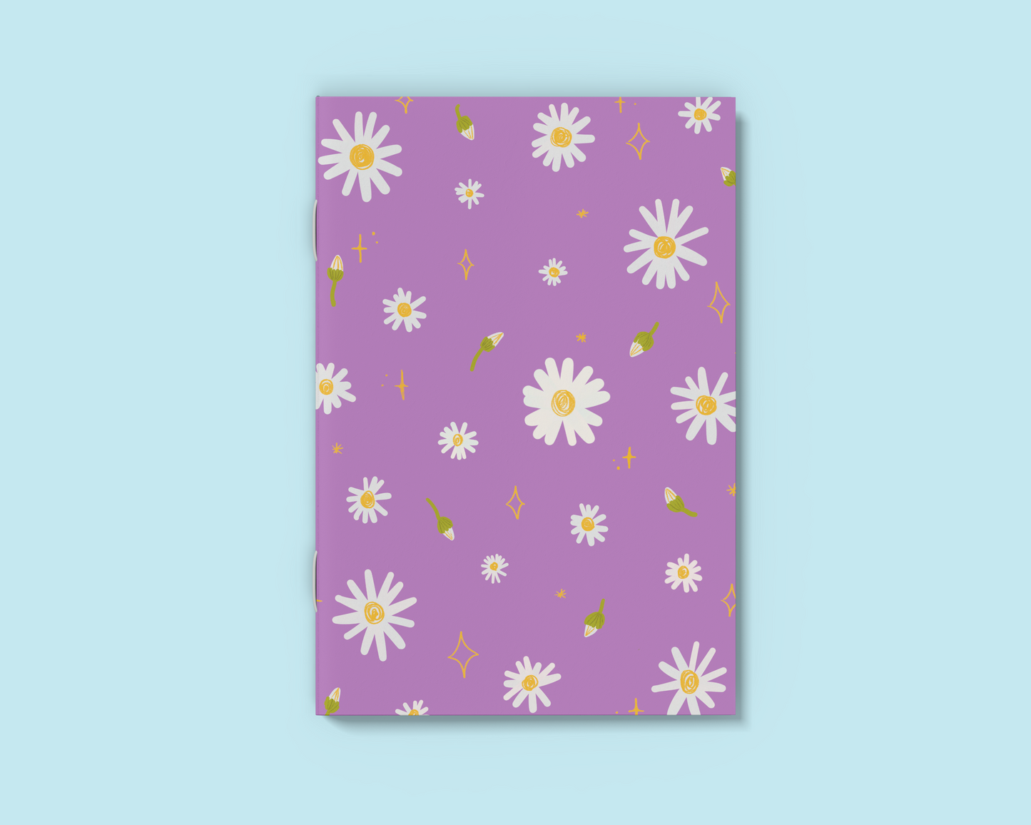 A6 floral notebook featuring a hand-illustrated daisies cover. Blank pages inside, perfect for notes or sketches