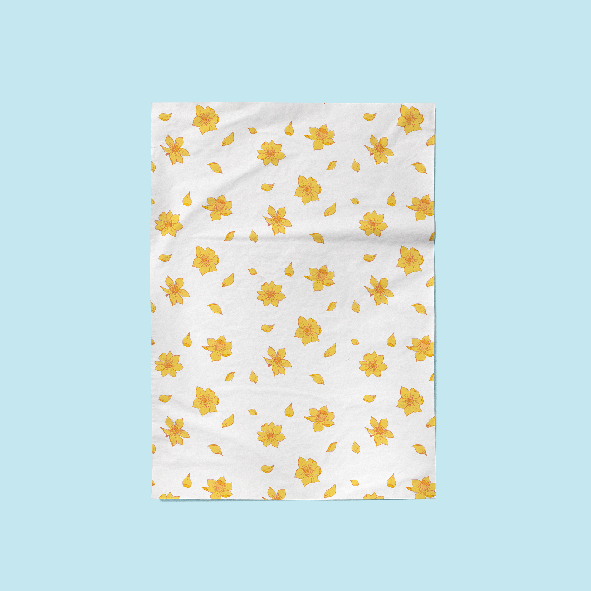 Fair trade cotton tea towels with hand drawn daffodil patterns. Eco-friendly and ethically made.
