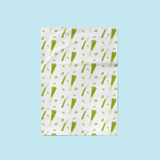 Hand-drawn leek pattern printed on fair trade cotton kitchen towels.