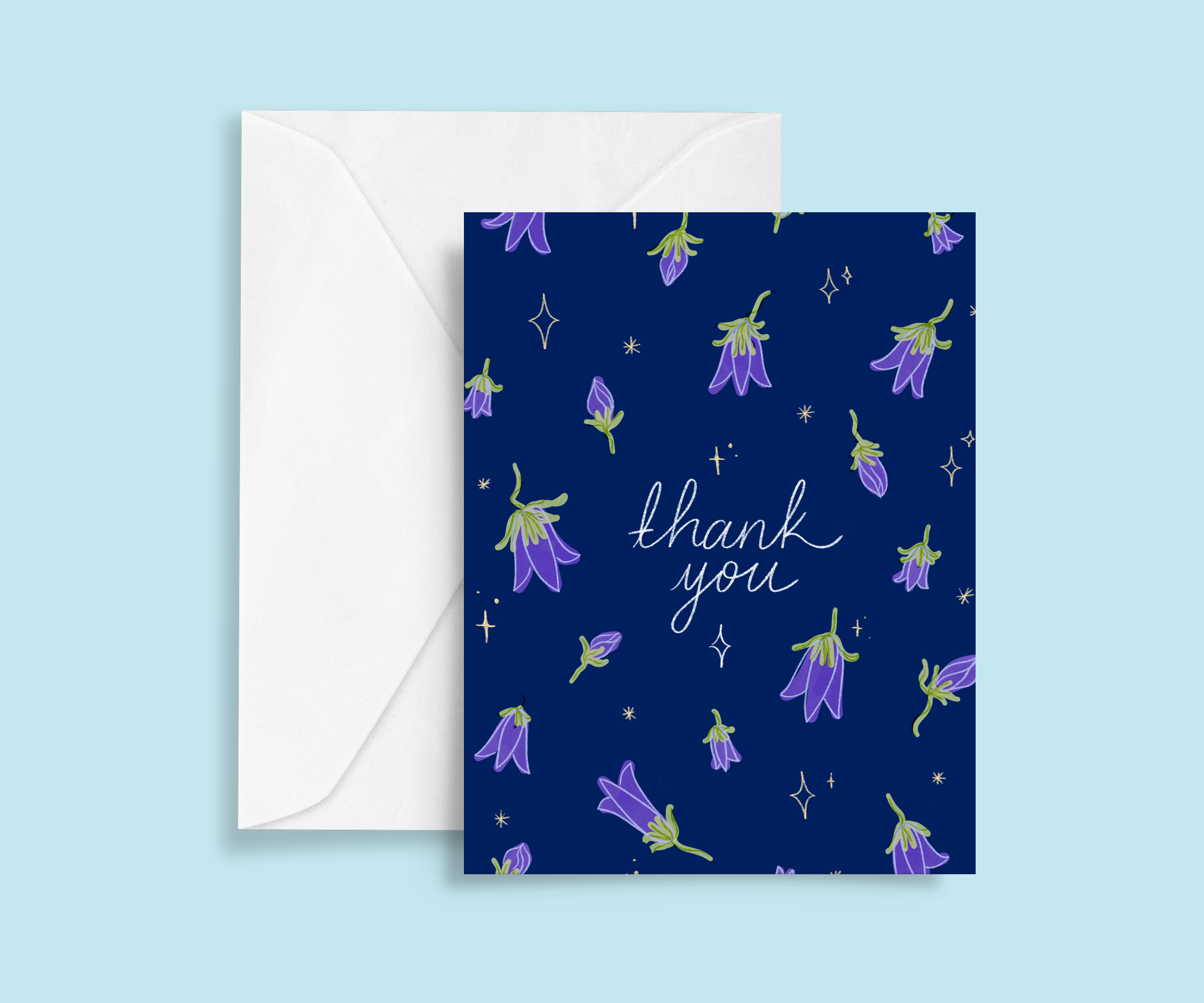 Bluebells thank you card with ‘Diolch’ in handwritten text, featuring soft floral details and celestial accents