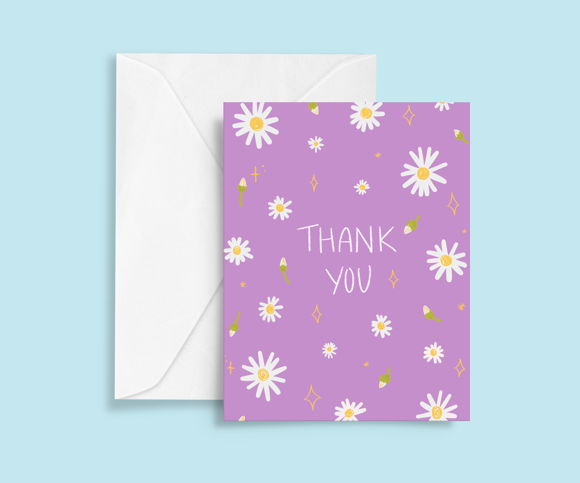 Thank you card with a floral daisy design, handwritten text, and delicate stars