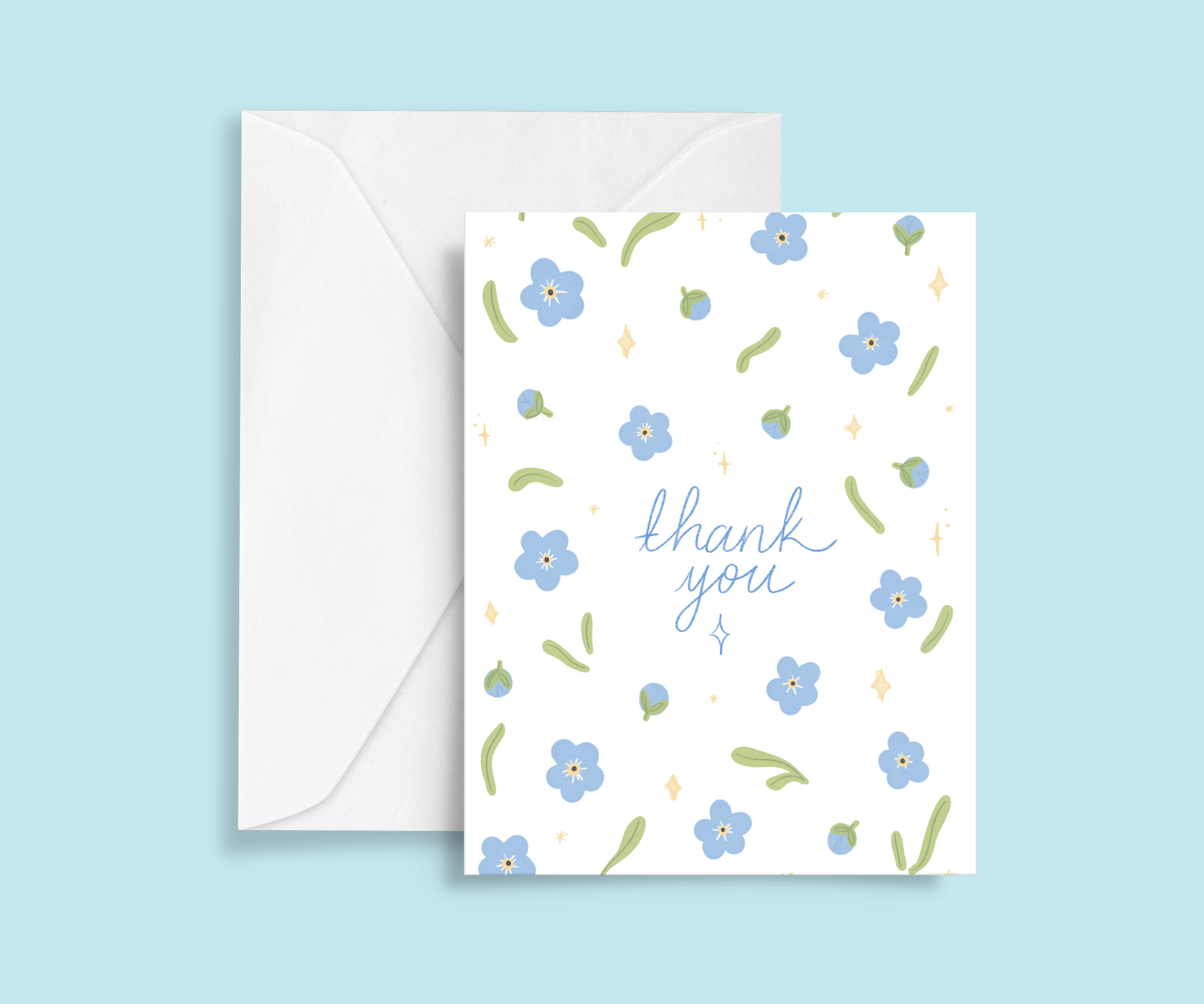 Forget-Me-Nots themed Welsh thank you card with ‘Diolch’ in handwritten script, surrounded by blue flowers and stars